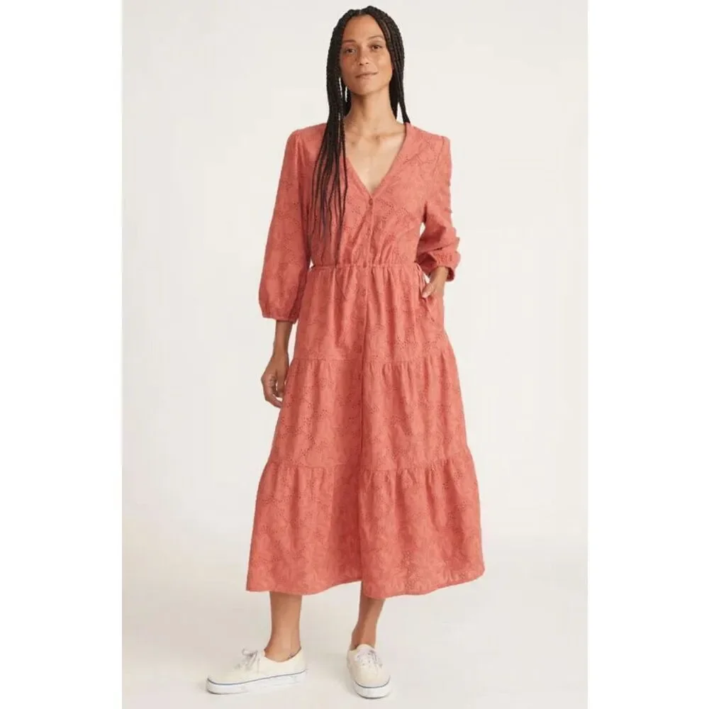 MARINE LAYER Eyelet Willow Midi Dress - Mineral Red Salmon Size Small NWT $168 - Picture 1 of 4